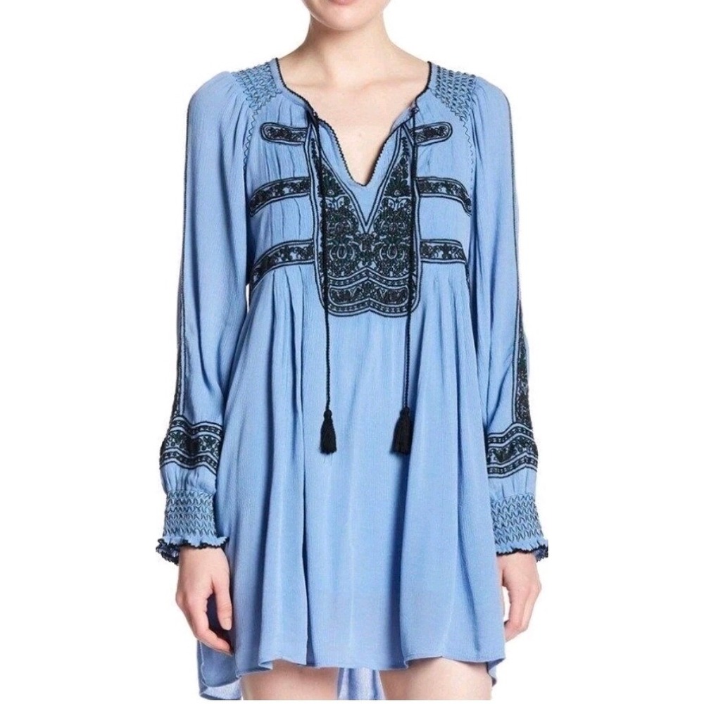 Free People Wind Willow Blue Embroidered Mini Boho Tassel Peasant Babydoll XS
